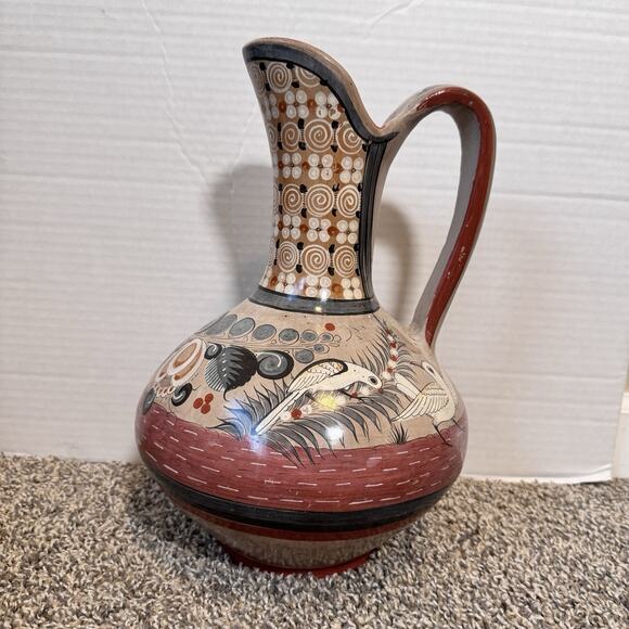 Vintage Solis Tonala Mexico Hand Painted Pitcher Water Doves Flowers Artist Sign - Picture 1 of 11